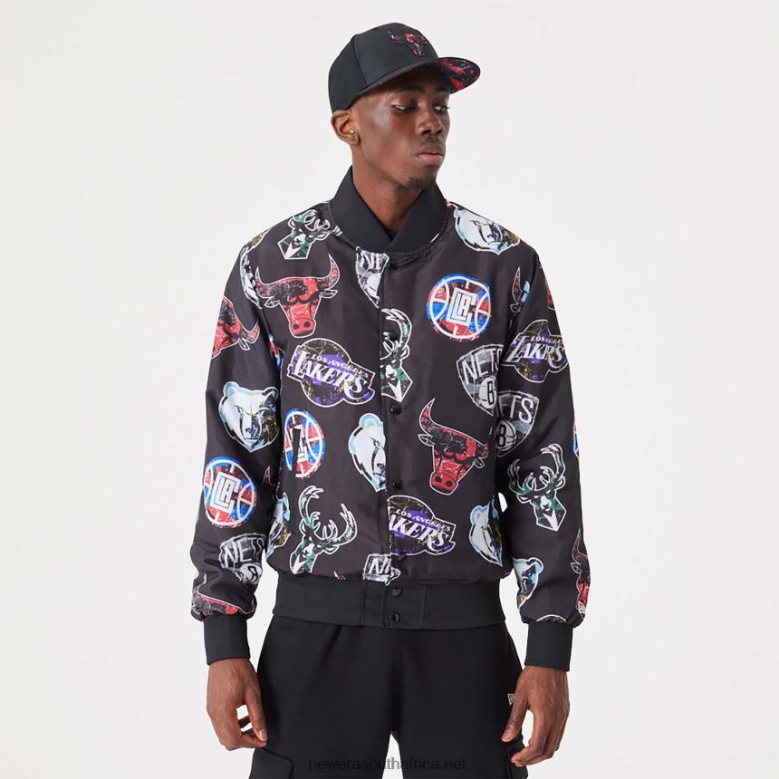 NBA All Over Print Team Logos Black Bomber Jacket New Era TRBRBN2571