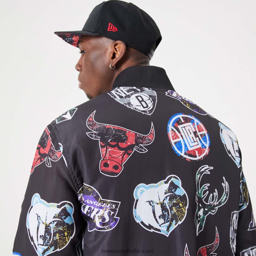 NBA All Over Print Team Logos Black Bomber Jacket New Era TRBRBN2571