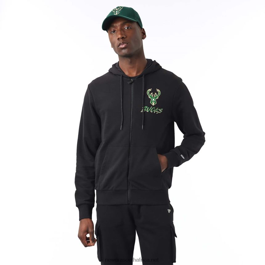 Milwaukee Bucks NBA Script Black Zip Hoodie New Era TRBRBN2690